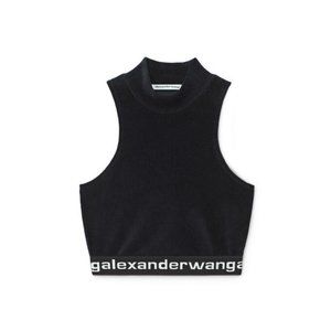 ALEXANDER WANG STRETCH CORD SLEEVELESS MOCK NECK W/ LOGO ELASTIC